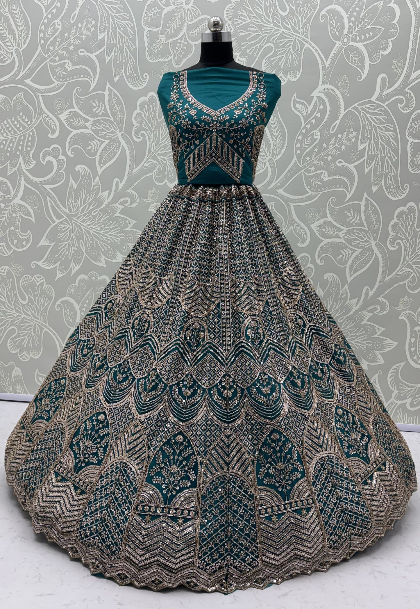Teal Blue Sequins & Crystal Work Party Wear Lehenga Choli