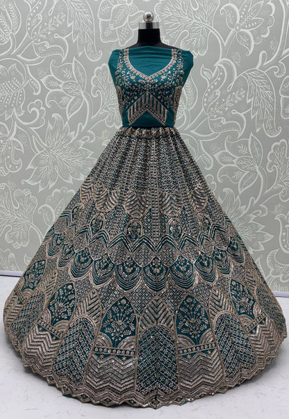 Teal Blue Sequins & Crystal Work Party Wear Lehenga Choli