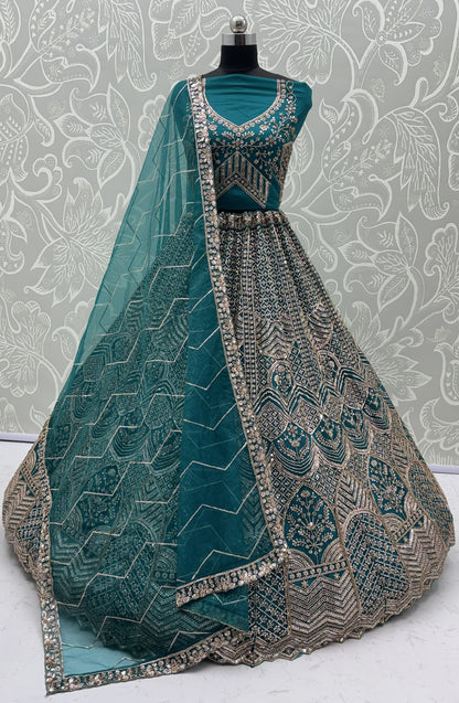 Teal Blue Sequins & Crystal Work Party Wear Lehenga Choli
