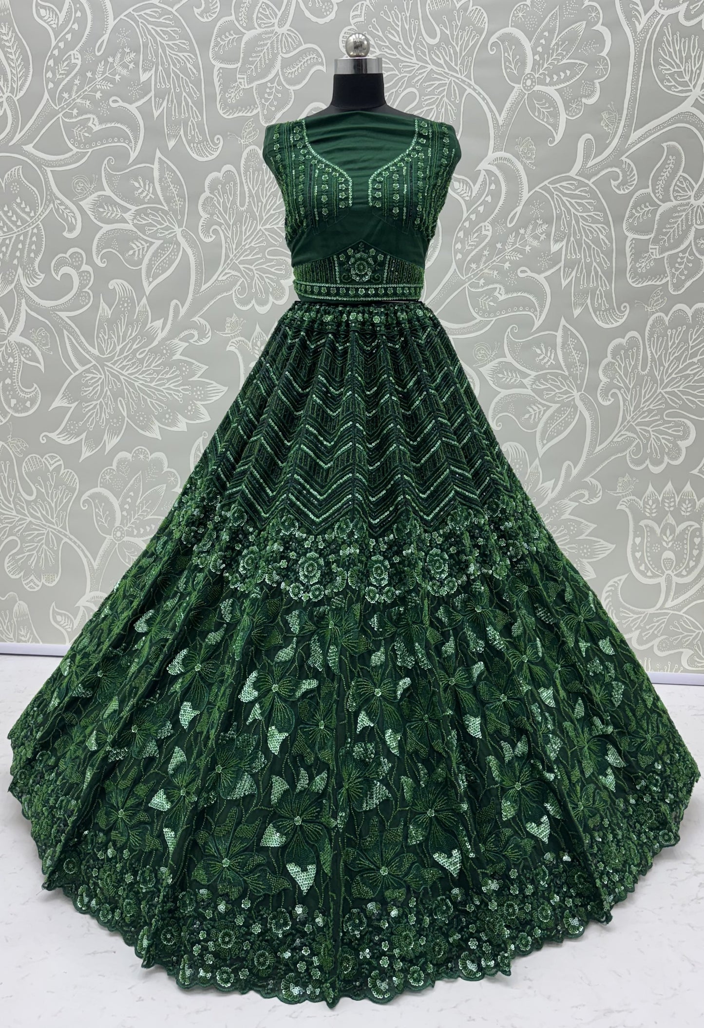Emerald Green Premium Net Sequins Embroidered Bridal Lehenga Choli with Zardosi Work