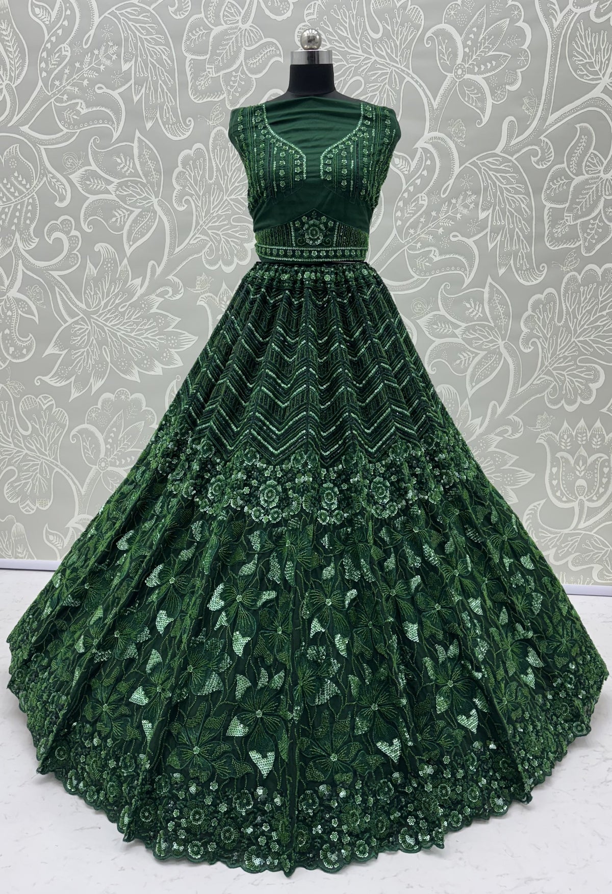 Emerald Green Premium Net Sequins Embroidered Bridal Lehenga Choli with Zardosi Work