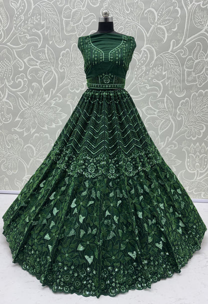 Emerald Green Premium Net Sequins Embroidered Bridal Lehenga Choli with Zardosi Work