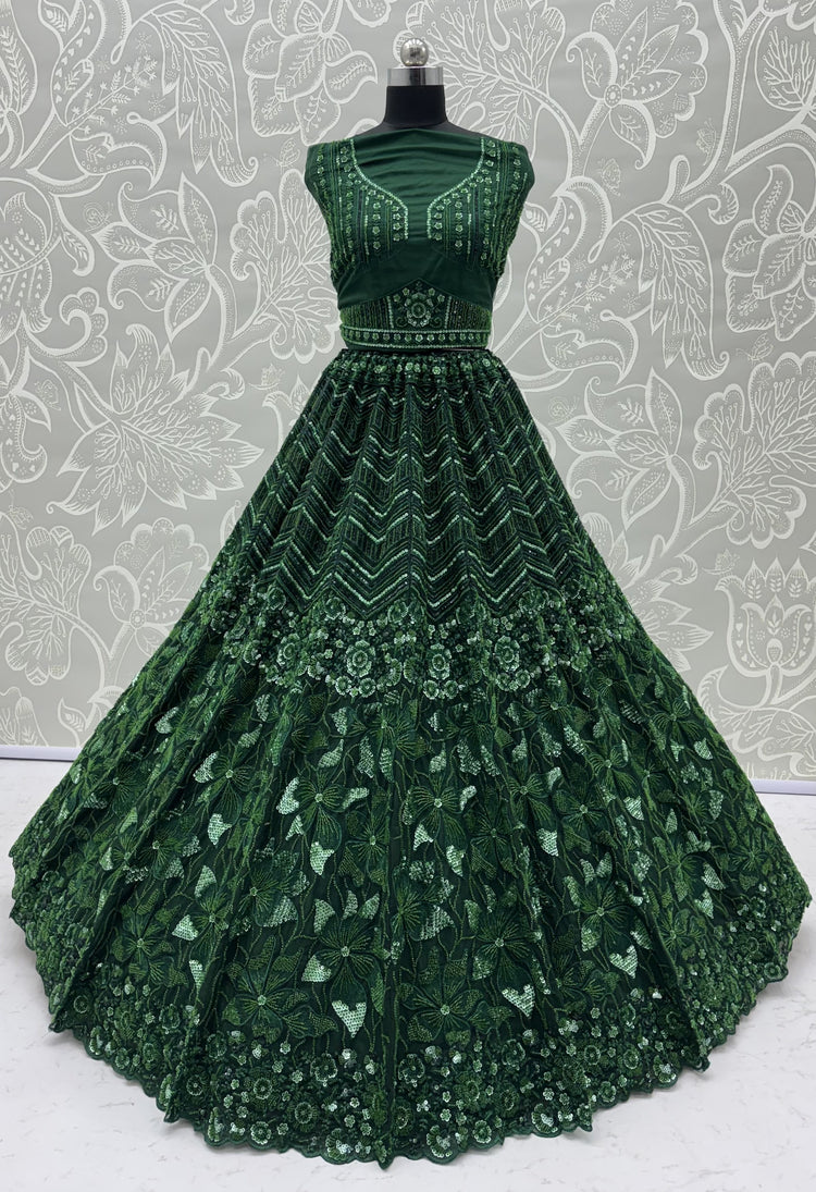 Emerald Green Premium Net Sequins Embroidered Bridal Lehenga Choli with Zardosi Work
