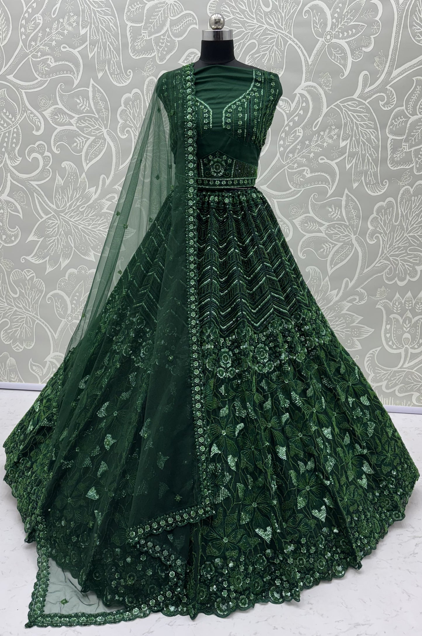 Emerald Green Premium Net Sequins Embroidered Bridal Lehenga Choli with Zardosi Work