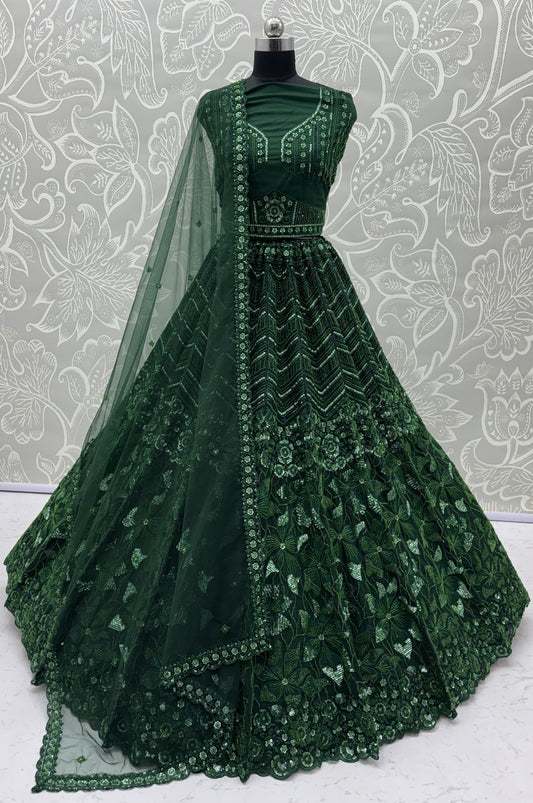 Emerald Green Premium Net Sequins Embroidered Bridal Lehenga Choli with Zardosi Work