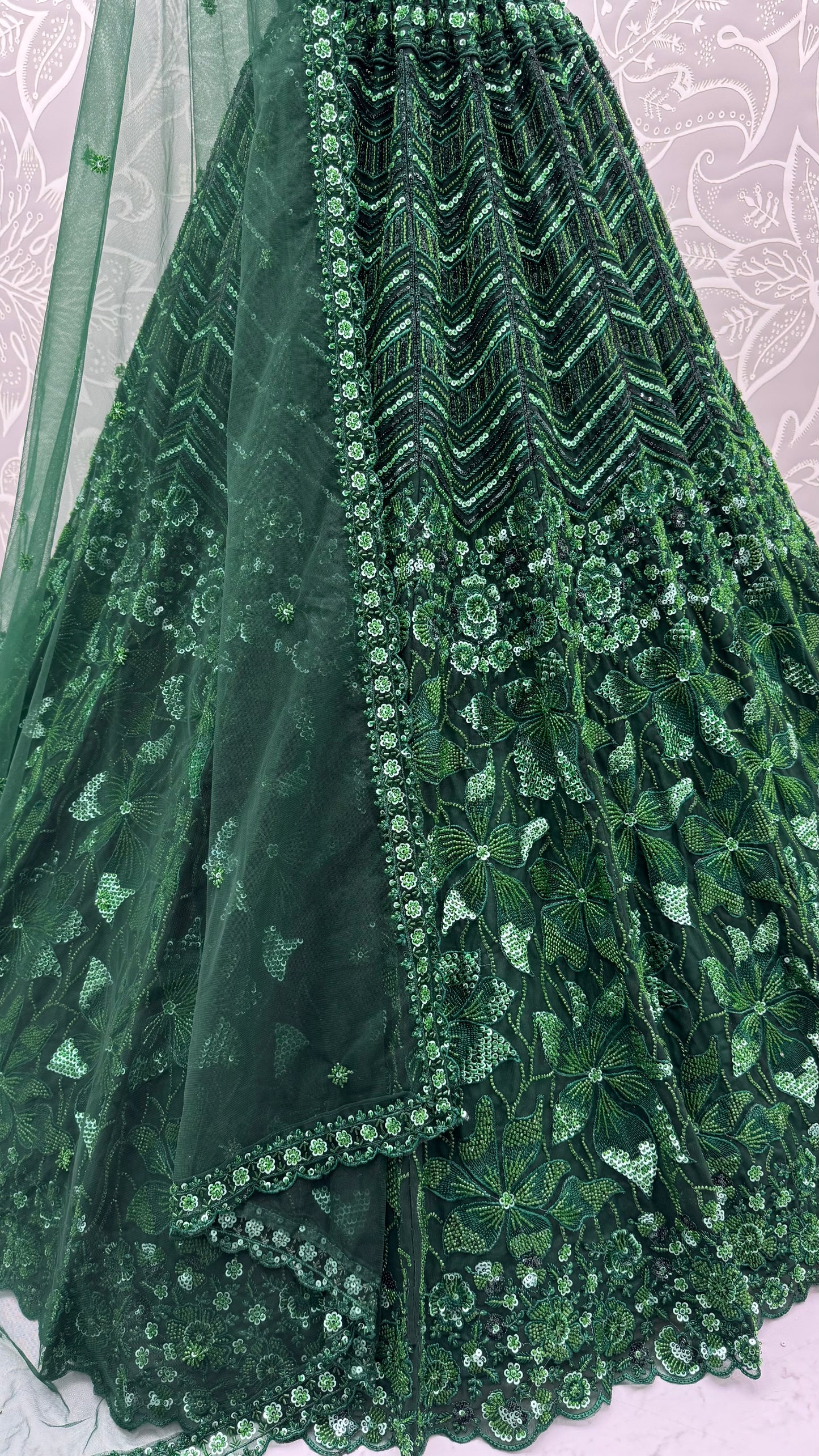 Emerald Green Premium Net Sequins Embroidered Bridal Lehenga Choli with Zardosi Work