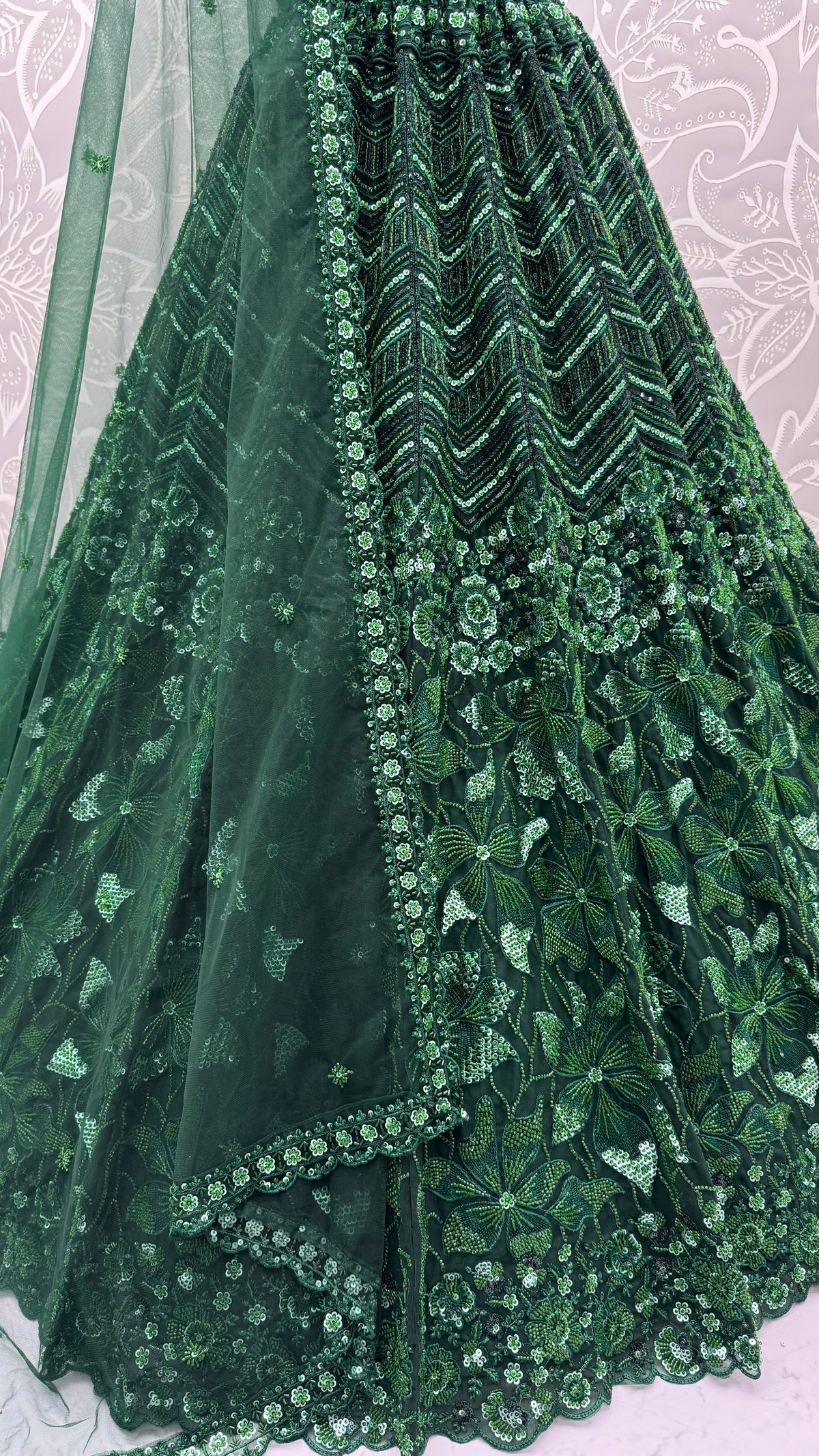 Emerald Green Premium Net Sequins Embroidered Bridal Lehenga Choli with Zardosi Work