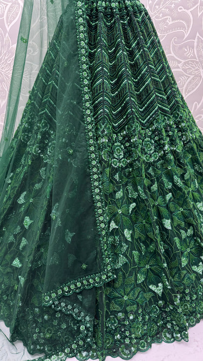 Emerald Green Premium Net Sequins Embroidered Bridal Lehenga Choli with Zardosi Work