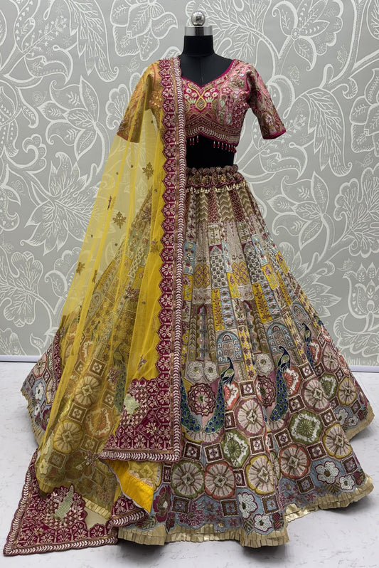 Mayur Heritage Gadhwal Premium Multicolor Bridal Lehenga Choli with Kundan, Dabka & Peacock Work