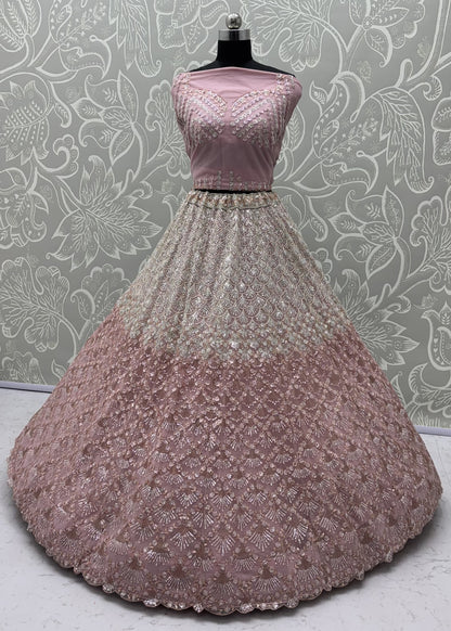 Blush Pink Heavy Net Embroidered Bridal Lehenga Choli with Sequins & Zari Work