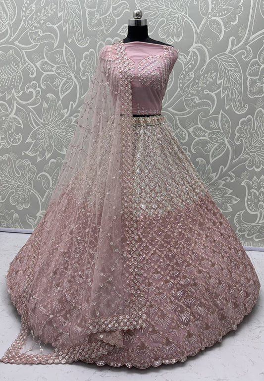 Blush Pink Heavy Net Embroidered Bridal Lehenga Choli with Sequins & Zari Work