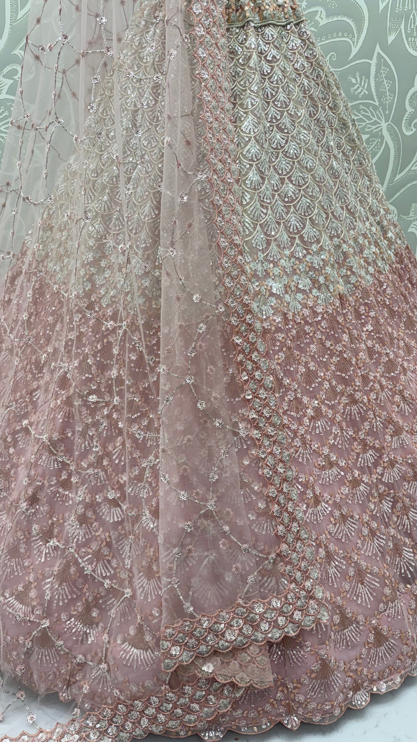 Blush Pink Heavy Net Embroidered Bridal Lehenga Choli with Sequins & Zari Work