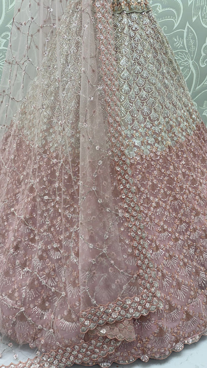 Blush Pink Heavy Net Embroidered Bridal Lehenga Choli with Sequins & Zari Work
