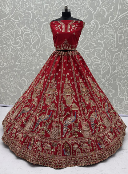 Royal Red Gadhwal Silk Peacock Handwork Bridal Lehenga Choli with Dual Soft Net Dupatta