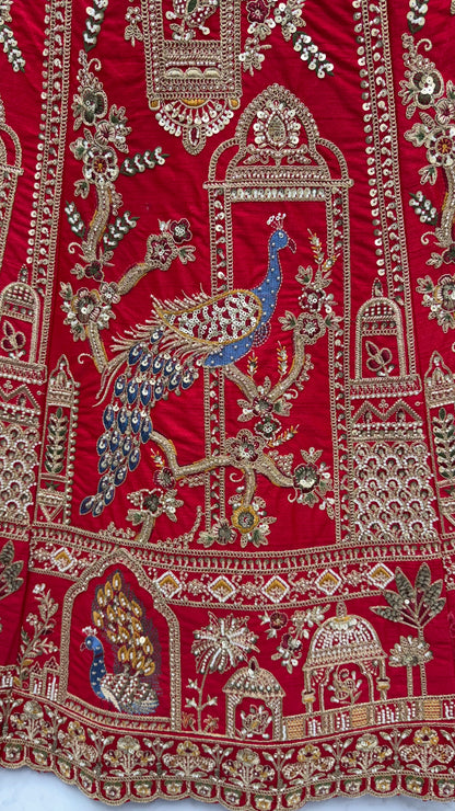 Royal Red Gadhwal Silk Peacock Handwork Bridal Lehenga Choli with Dual Soft Net Dupatta