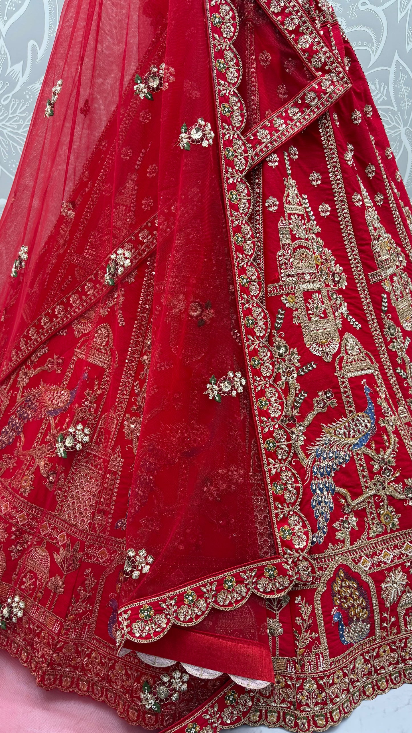 Royal Red Gadhwal Silk Peacock Handwork Bridal Lehenga Choli with Dual Soft Net Dupatta