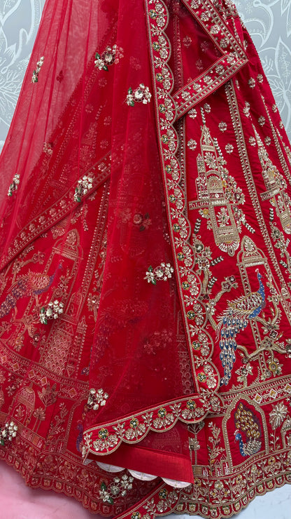 Royal Red Gadhwal Silk Peacock Handwork Bridal Lehenga Choli with Dual Soft Net Dupatta