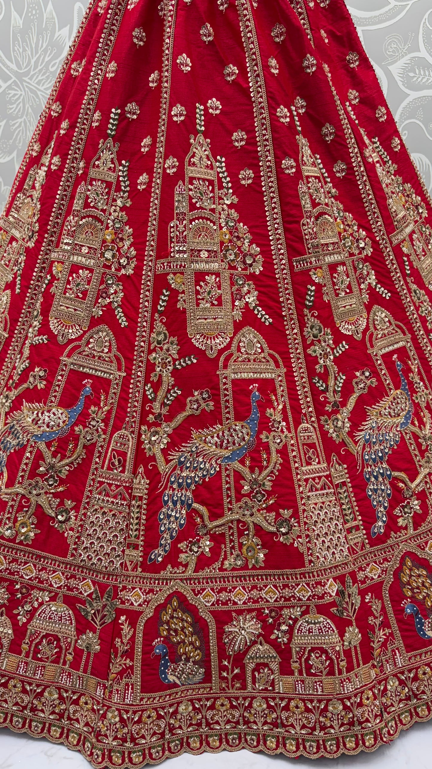 Royal Red Gadhwal Silk Peacock Handwork Bridal Lehenga Choli with Dual Soft Net Dupatta