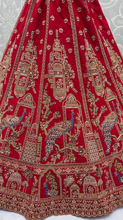Royal Red Gadhwal Silk Peacock Handwork Bridal Lehenga Choli with Dual Soft Net Dupatta
