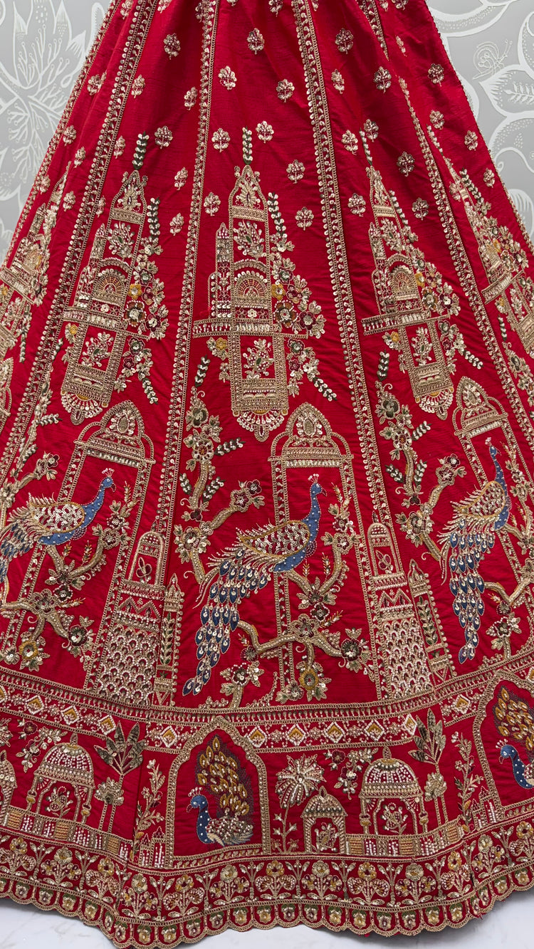 Royal Red Gadhwal Silk Peacock Handwork Bridal Lehenga Choli with Dual Soft Net Dupatta