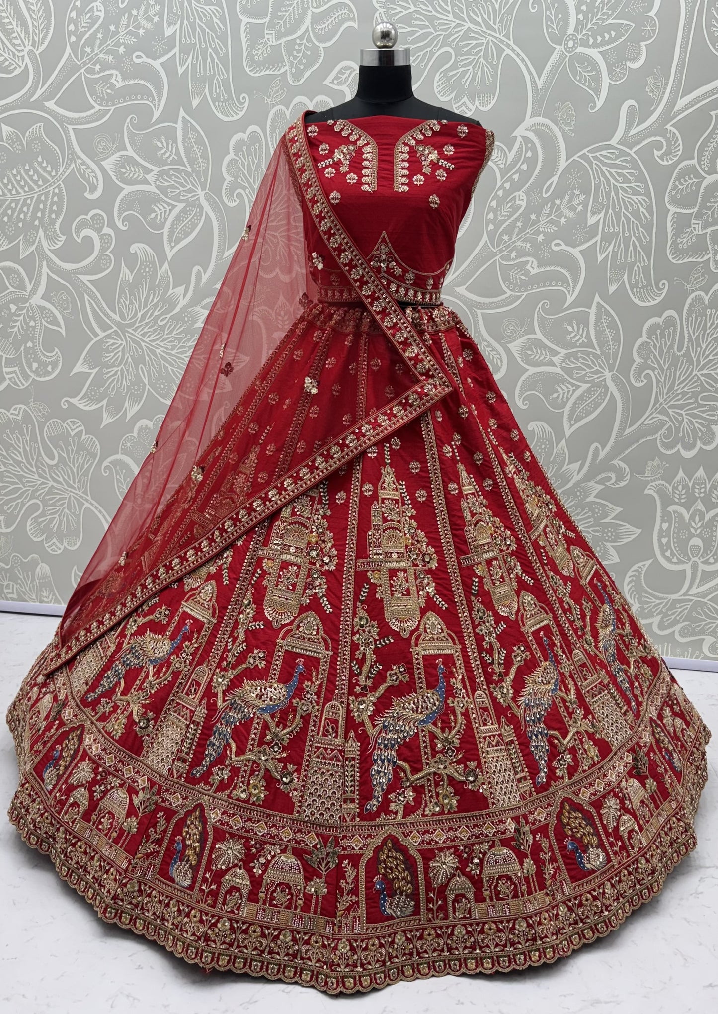 Royal Red Gadhwal Silk Peacock Handwork Bridal Lehenga Choli with Dual Soft Net Dupatta