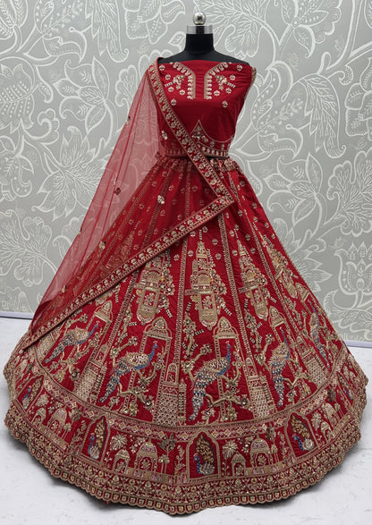 Royal Red Gadhwal Silk Peacock Handwork Bridal Lehenga Choli with Dual Soft Net Dupatta