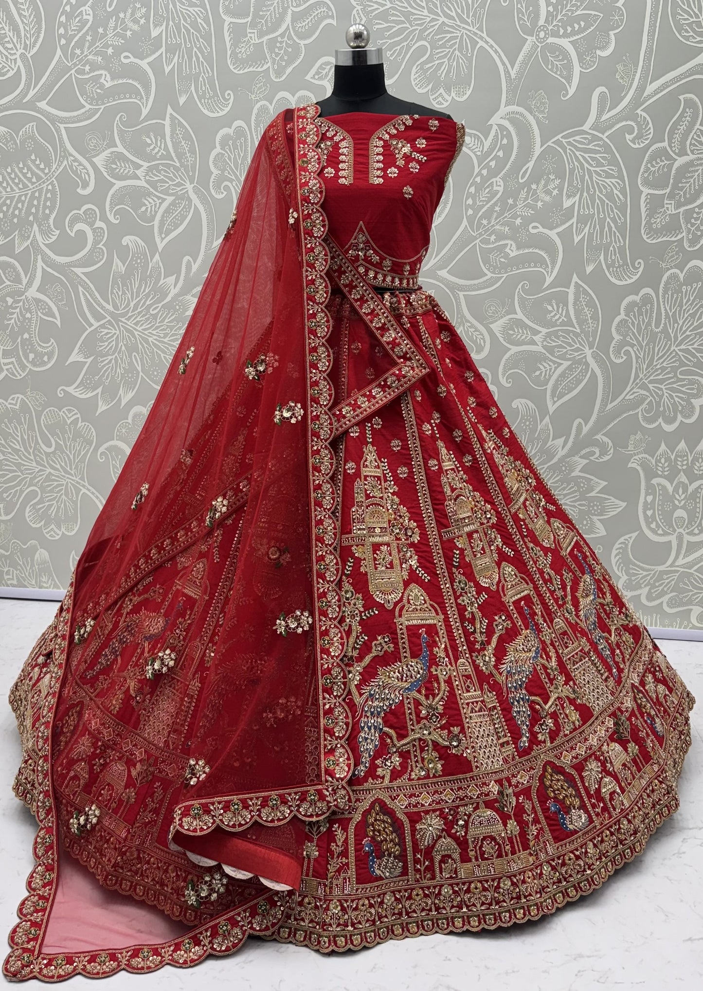 Royal Red Gadhwal Silk Peacock Handwork Bridal Lehenga Choli with Dual Soft Net Dupatta