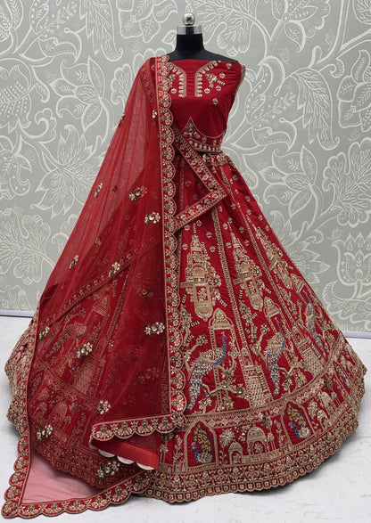 Royal Red Gadhwal Silk Peacock Handwork Bridal Lehenga Choli with Dual Soft Net Dupatta