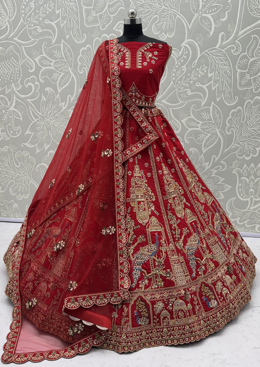 Royal Red Gadhwal Silk Peacock Handwork Bridal Lehenga Choli with Dual Soft Net Dupatta