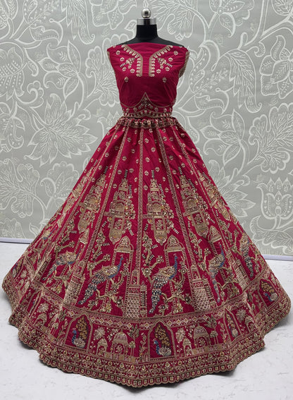 Rani Pink Gadhwal Silk Peacock Handwork Bridal Lehenga Choli with Dual Soft Net Dupatta