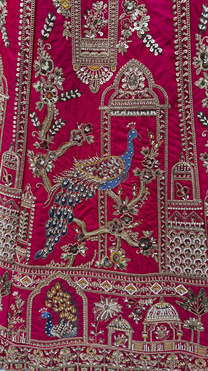 Rani Pink Gadhwal Silk Peacock Handwork Bridal Lehenga Choli with Dual Soft Net Dupatta