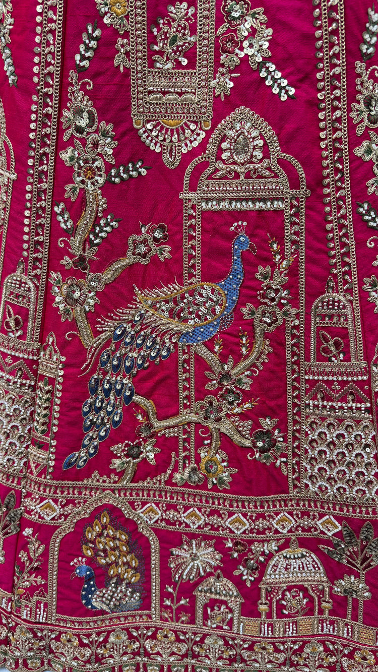 Rani Pink Gadhwal Silk Peacock Handwork Bridal Lehenga Choli with Dual Soft Net Dupatta