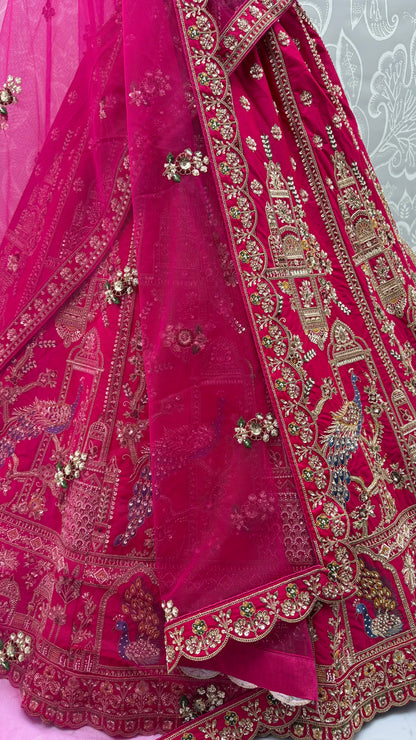 Rani Pink Gadhwal Silk Peacock Handwork Bridal Lehenga Choli with Dual Soft Net Dupatta