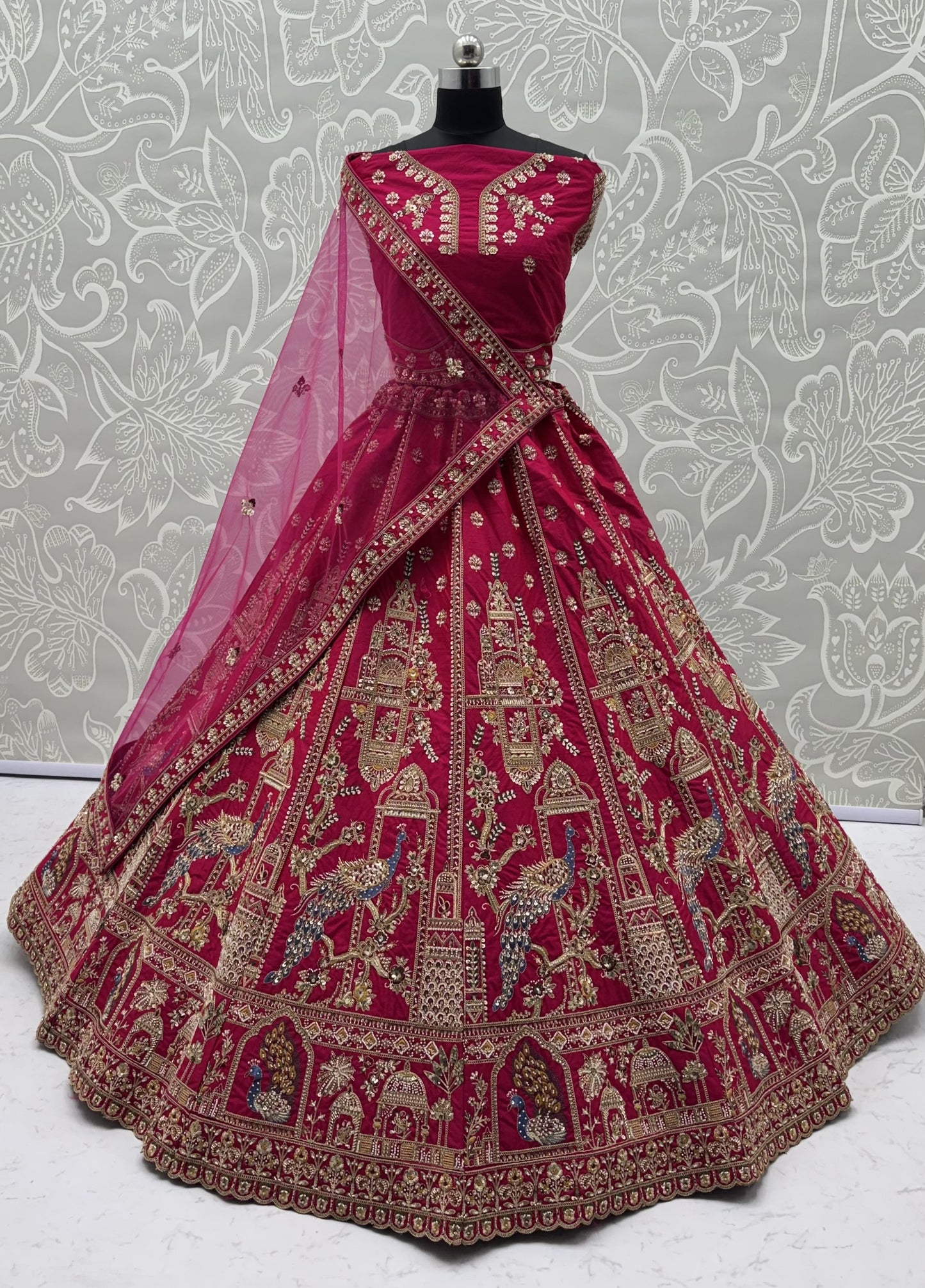 Rani Pink Gadhwal Silk Peacock Handwork Bridal Lehenga Choli with Dual Soft Net Dupatta