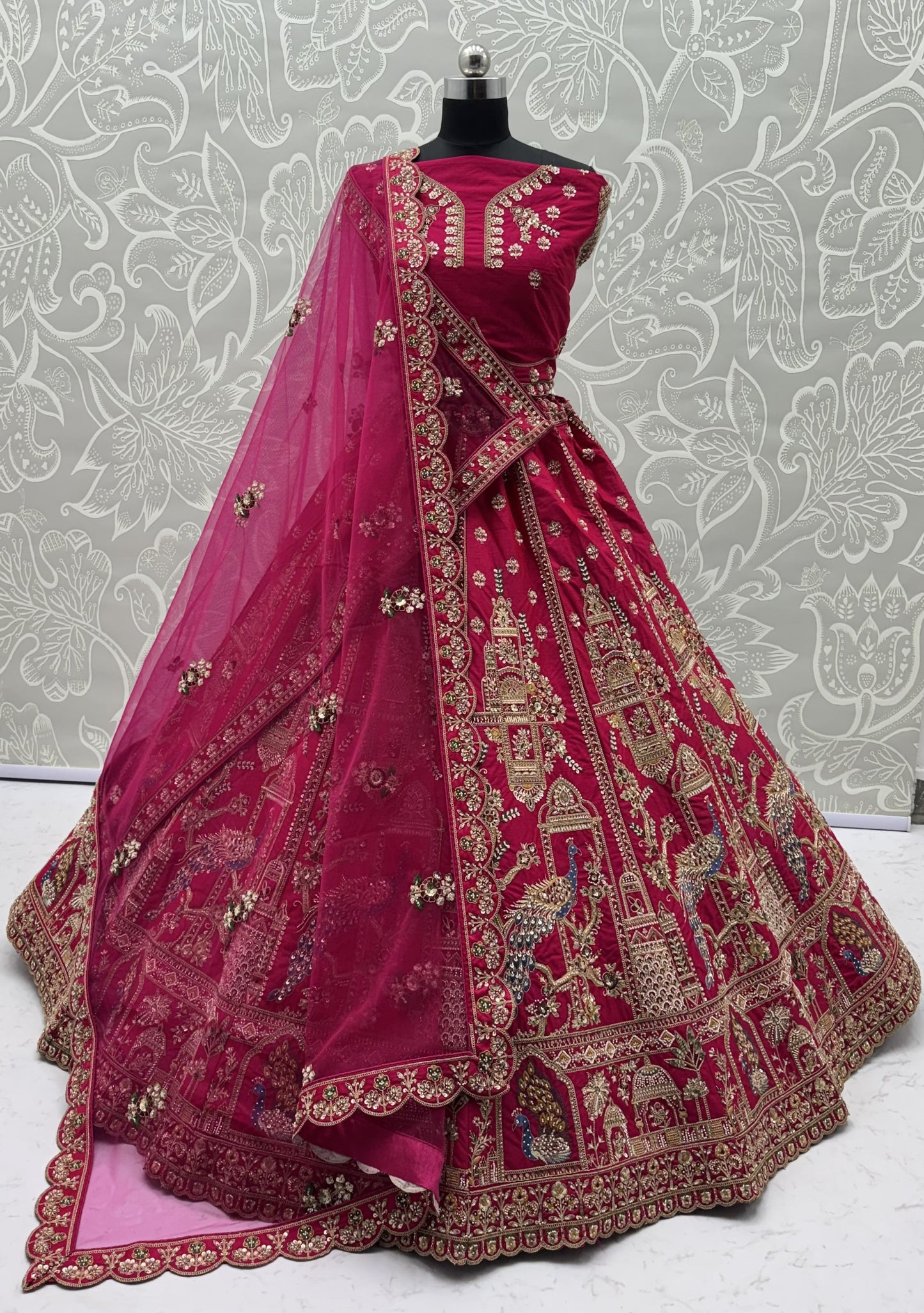 Rani Pink Gadhwal Silk Peacock Handwork Bridal Lehenga Choli with Dual Soft Net Dupatta