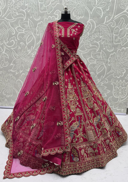 Rani Pink Gadhwal Silk Peacock Handwork Bridal Lehenga Choli with Dual Soft Net Dupatta