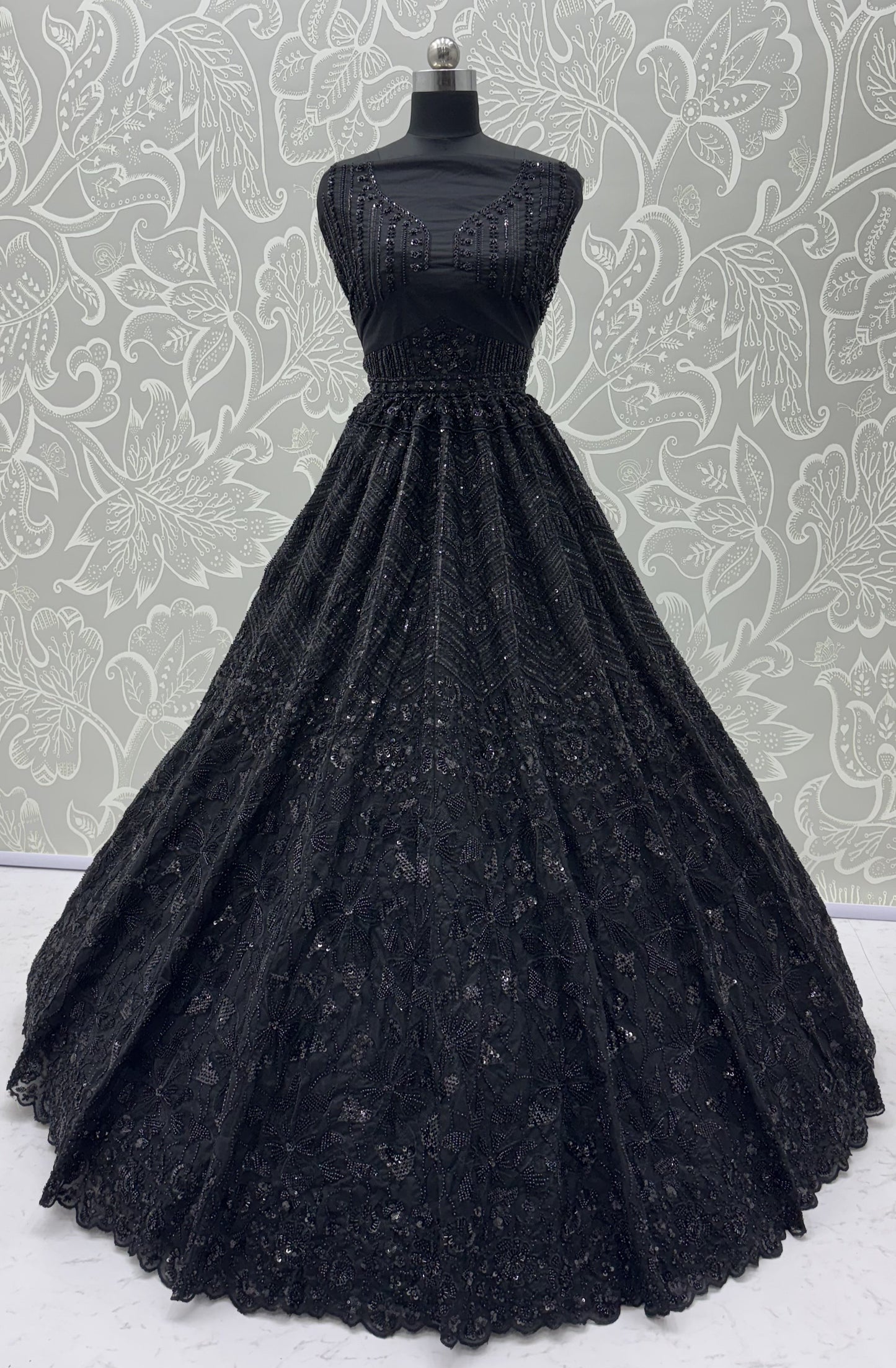 Midnight Noir Premium Net Monochrome Sequins Bridal Lehenga Choli with Zardosi Embroidery & Dupatta