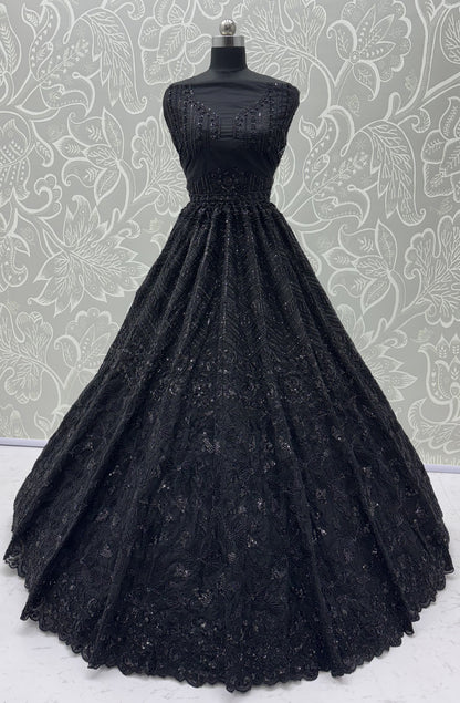 Midnight Noir Premium Net Monochrome Sequins Bridal Lehenga Choli with Zardosi Embroidery & Dupatta