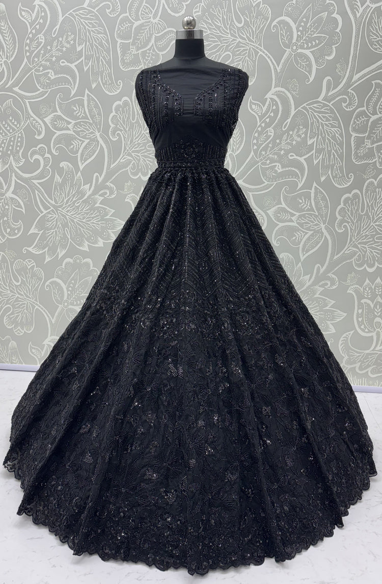 Midnight Noir Premium Net Monochrome Sequins Bridal Lehenga Choli with Zardosi Embroidery & Dupatta