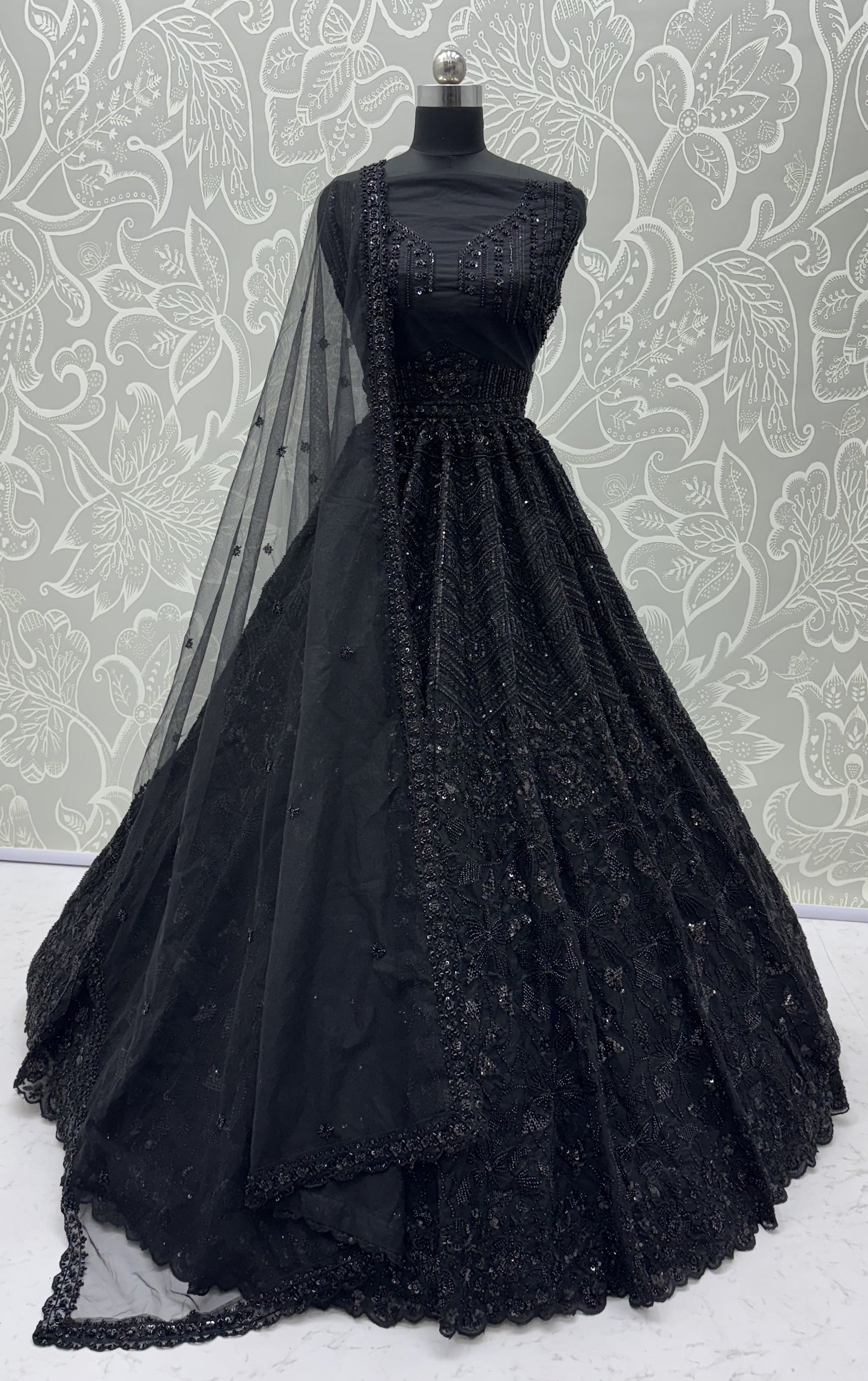 Midnight Noir Premium Net Monochrome Sequins Bridal Lehenga Choli with Zardosi Embroidery & Dupatta