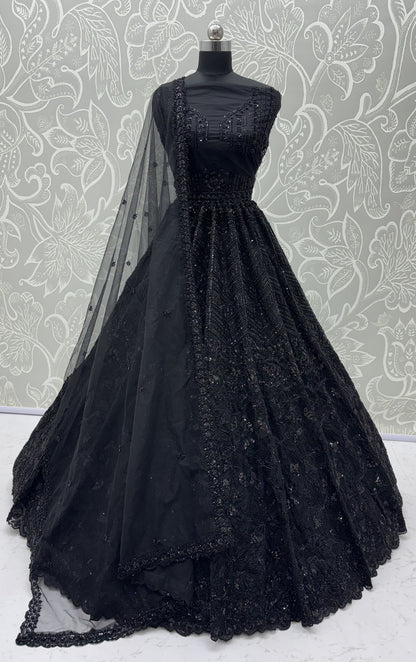 Midnight Noir Premium Net Monochrome Sequins Bridal Lehenga Choli with Zardosi Embroidery & Dupatta
