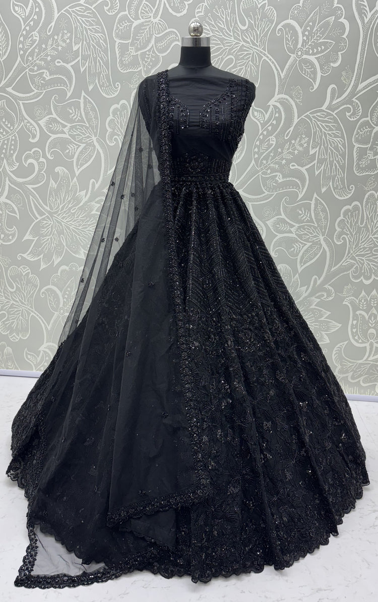 Midnight Noir Premium Net Monochrome Sequins Bridal Lehenga Choli with Zardosi Embroidery & Dupatta