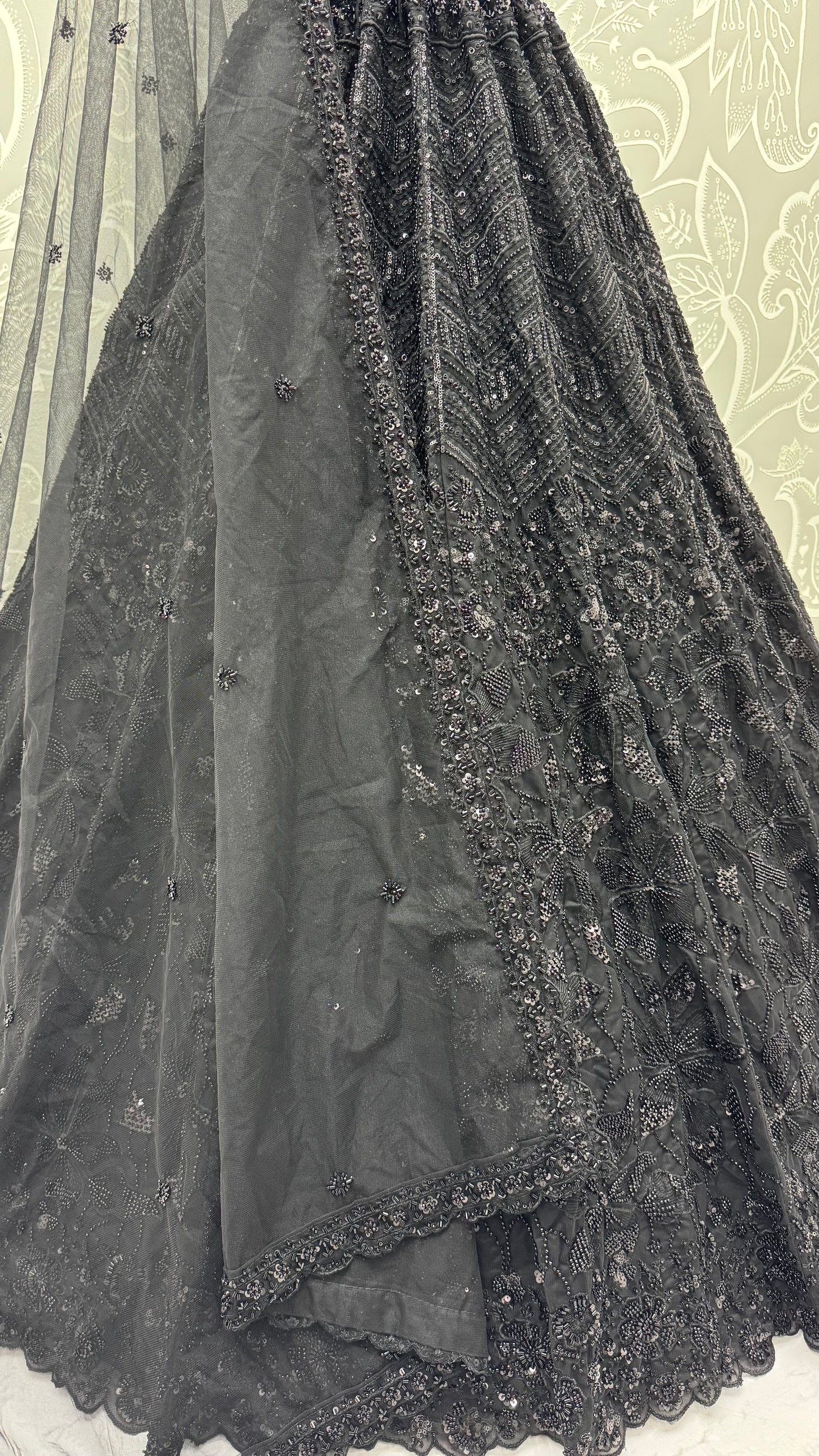 Midnight Noir Premium Net Monochrome Sequins Bridal Lehenga Choli with Zardosi Embroidery & Dupatta
