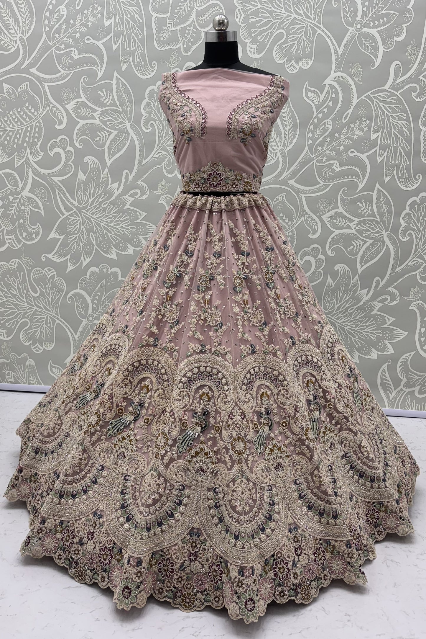 Mauve Mist Peacock Embroidered Bridal Lehenga Choli with Dori Work & Designer Dupatta