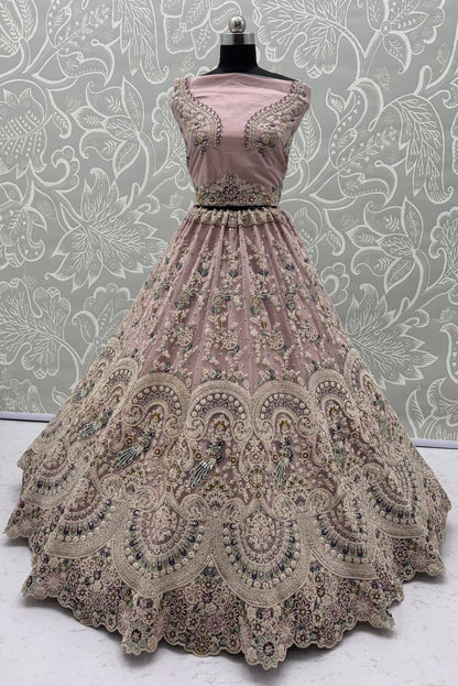 Mauve Mist Peacock Embroidered Bridal Lehenga Choli with Dori Work & Designer Dupatta