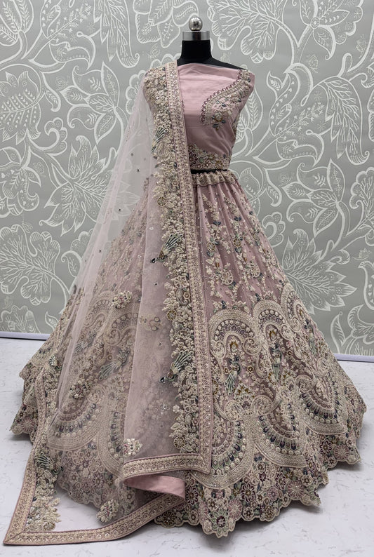 Mauve Mist Peacock Embroidered Bridal Lehenga Choli with Dori Work & Designer Dupatta
