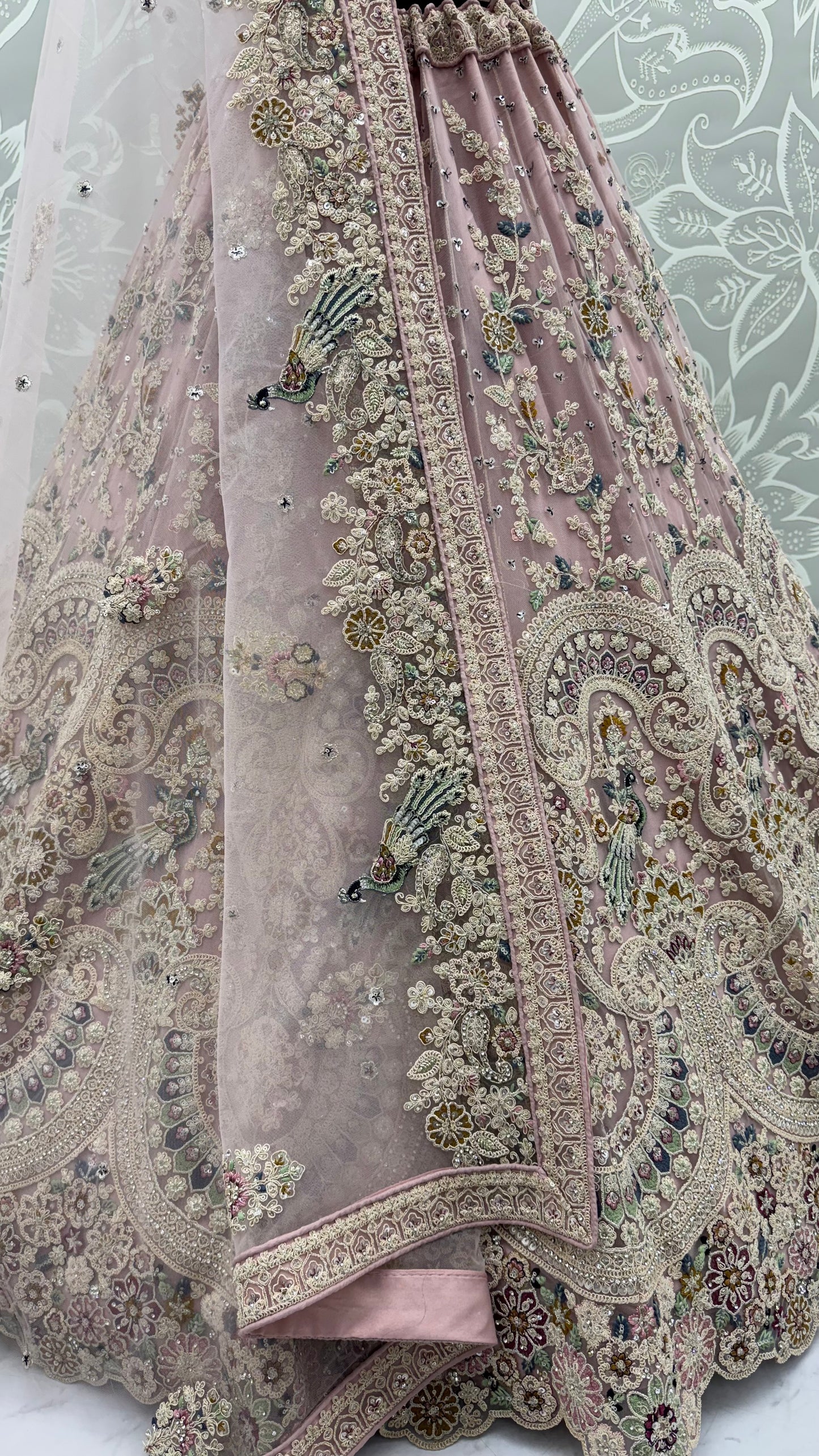 Mauve Mist Peacock Embroidered Bridal Lehenga Choli with Dori Work & Designer Dupatta