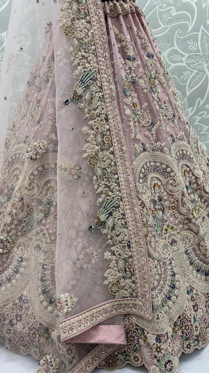 Mauve Mist Peacock Embroidered Bridal Lehenga Choli with Dori Work & Designer Dupatta