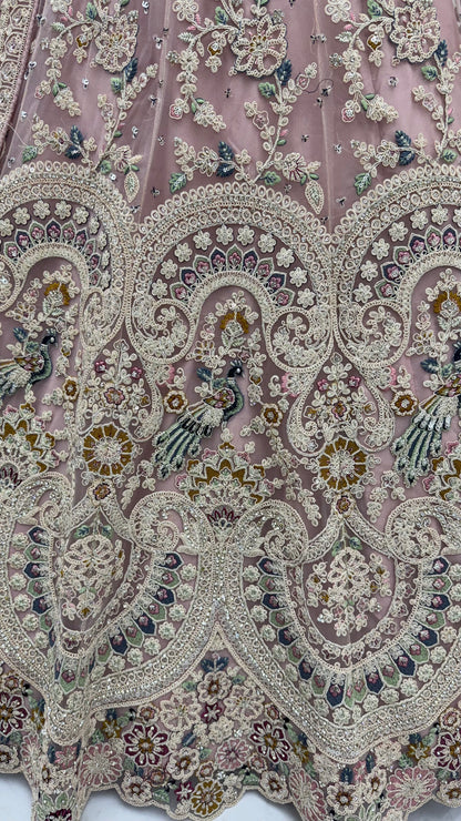 Mauve Mist Peacock Embroidered Bridal Lehenga Choli with Dori Work & Designer Dupatta