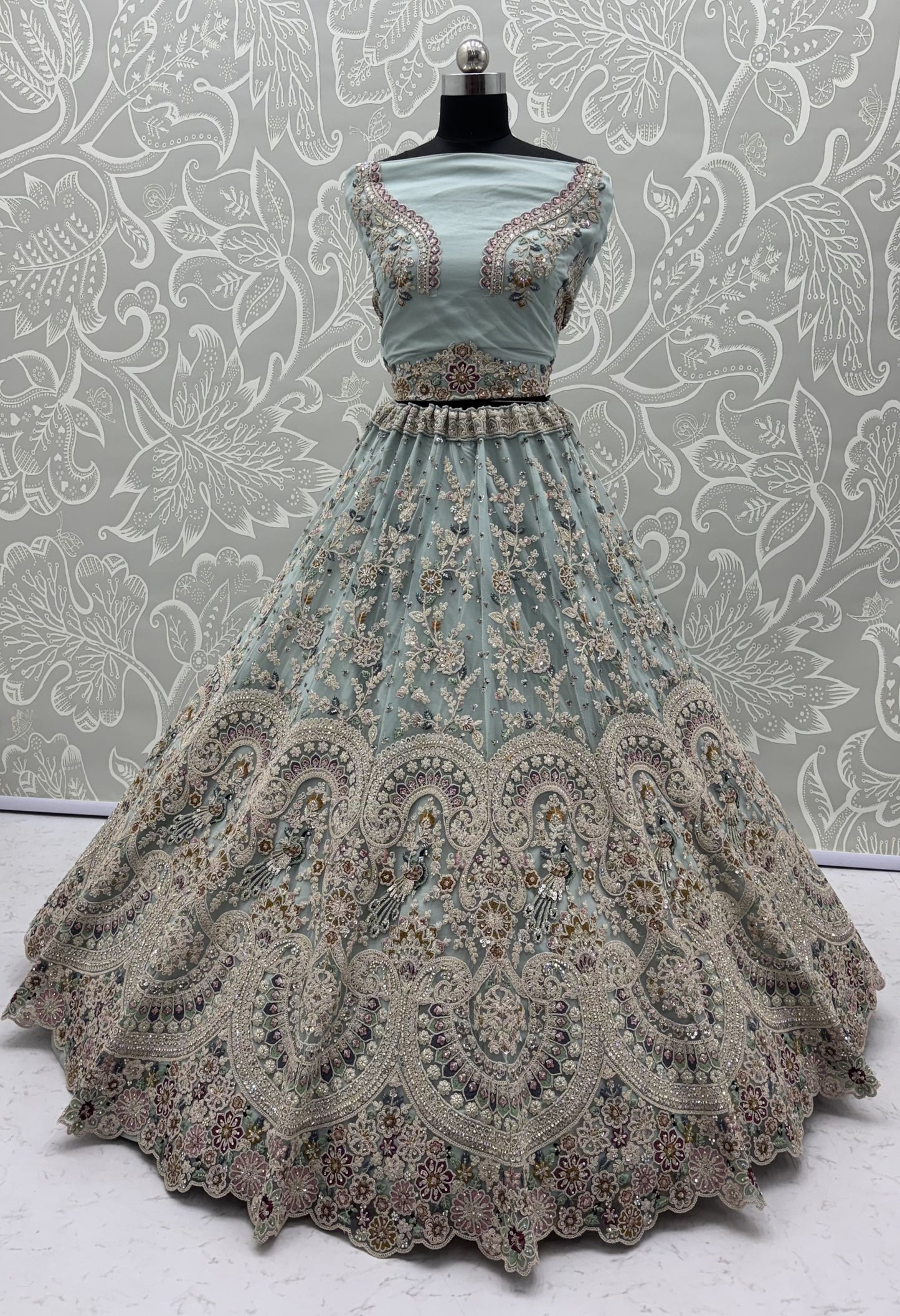 Mint Frost Peacock Embroidered Bridal Lehenga Choli with Designer Dupatta